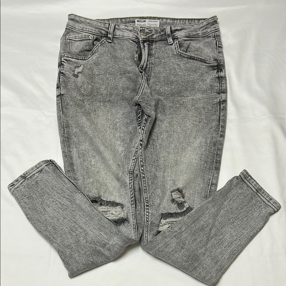 Bershka Gray Denim Distressed Super Skinny Jeans
